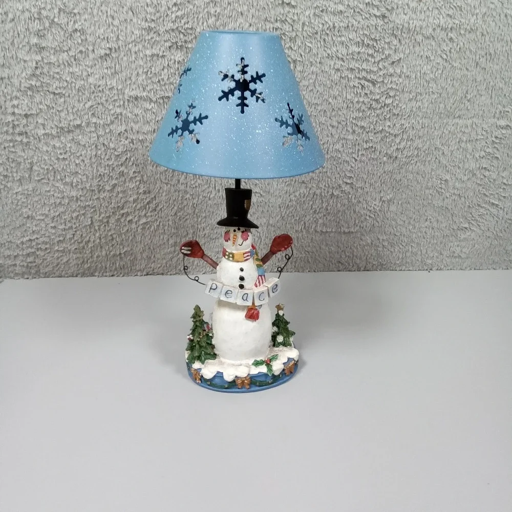 Snowman Peace Candle Holder Lamp Blue Snowflake Metal‎ Shade Winter Decor 11